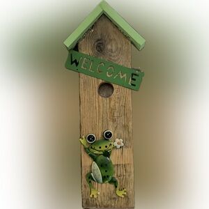 Rustic Wooden Birdhouse Door/Wall Decor with Green Frog Accent